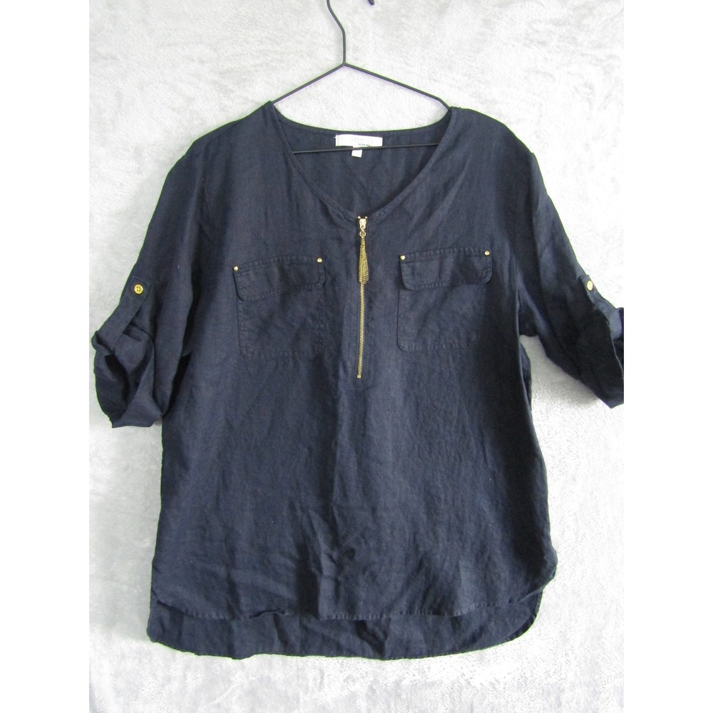 Company Ellen Tracy Navy Blue 100% Linen Roll Tab‎ Sleeve Zip Top XL
